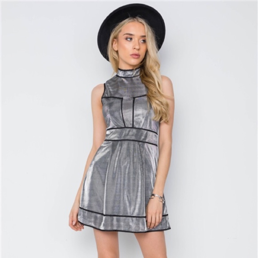 ALIZZEE GUNMETAL SILVER METALLIC MOCK NECK DRESS